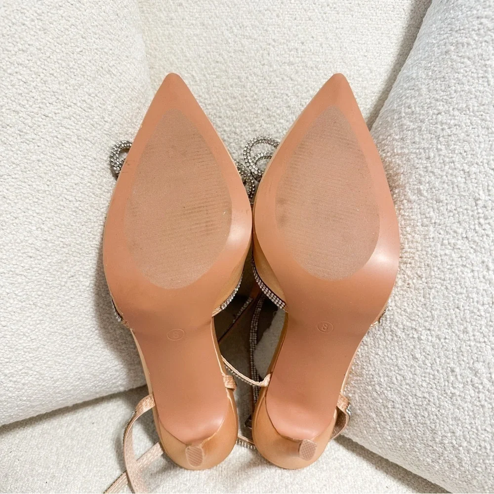 Lulus Lullie Rose Gold Satin Rhinestone Ankle Strap Pointed-Toe Pumps sz 8